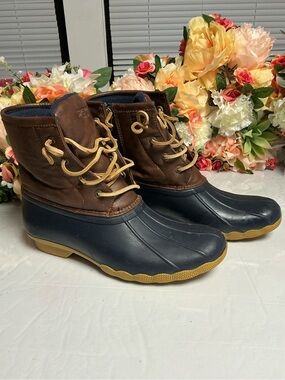 Sperry Saltwater Duck Boots Girls 6 Navy Brown Waterproof Rain Snow Side Zip YG5
